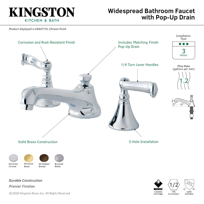 Kingston Tulare KS4472FLTwo-Handle 3-Hole Deck Mount Widespread Bathroom Faucet with Brass Pop-Up, Polished Brass
