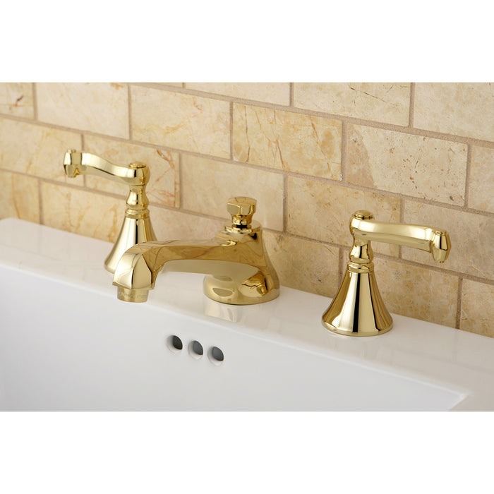 Kingston Tulare KS4472FLTwo-Handle 3-Hole Deck Mount Widespread Bathroom Faucet with Brass Pop-Up, Polished Brass