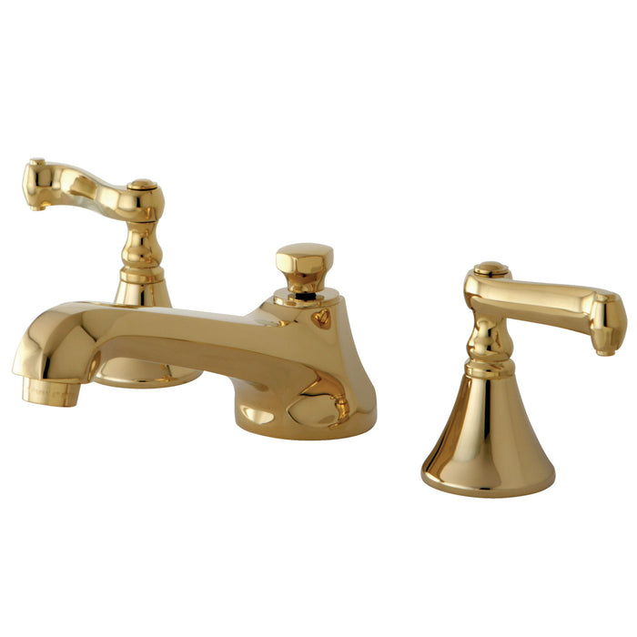 Kingston Tulare KS4472FLTwo-Handle 3-Hole Deck Mount Widespread Bathroom Faucet with Brass Pop-Up, Polished Brass