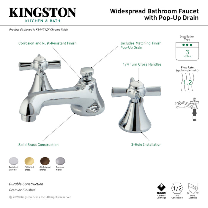 Kingston Tulare KS4472ZX - Millennium Two-Handle 3-Hole Deck Mount Widespread Bathroom Faucet with Brass Pop-Up, Polished Brass