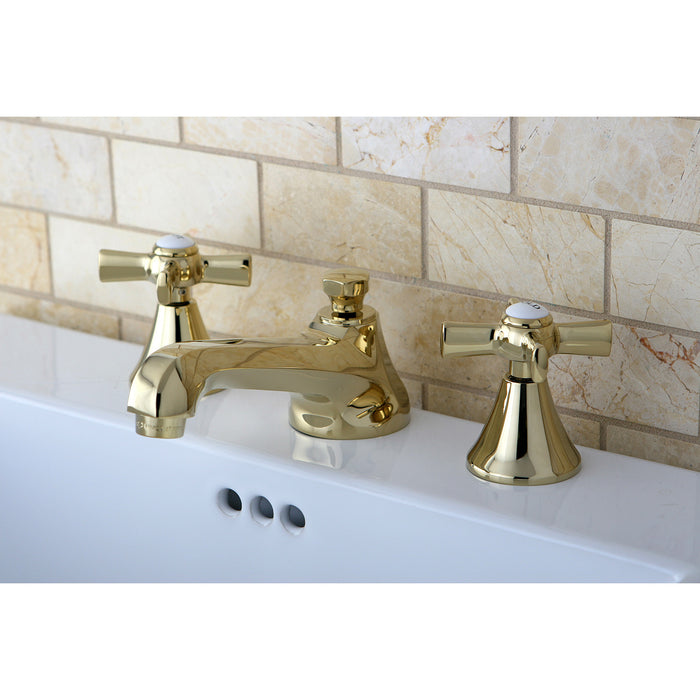 Kingston Tulare KS4472ZX - Millennium Two-Handle 3-Hole Deck Mount Widespread Bathroom Faucet with Brass Pop-Up, Polished Brass