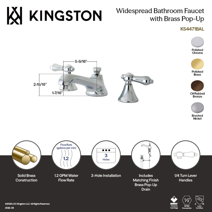 Kingston Tulare KS4475BALTwo-Handle 3-Hole Deck Mount Widespread Bathroom Faucet with Brass Pop-Up, Oil Rubbed Bronze