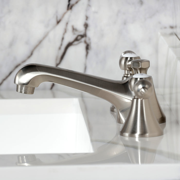 Kingston Tulare KS4478BALTwo-Handle 3-Hole Deck Mount Widespread Bathroom Faucet with Brass Pop-Up, Brushed Nickel