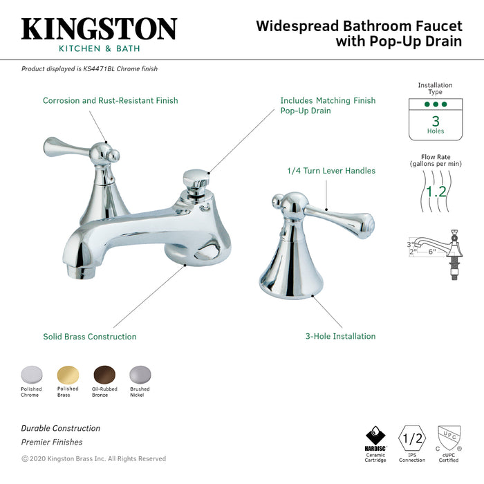 Kingston Tulare KS4478BLTwo-Handle 3-Hole Deck Mount Widespread Bathroom Faucet with Brass Pop-Up, Brushed Nickel