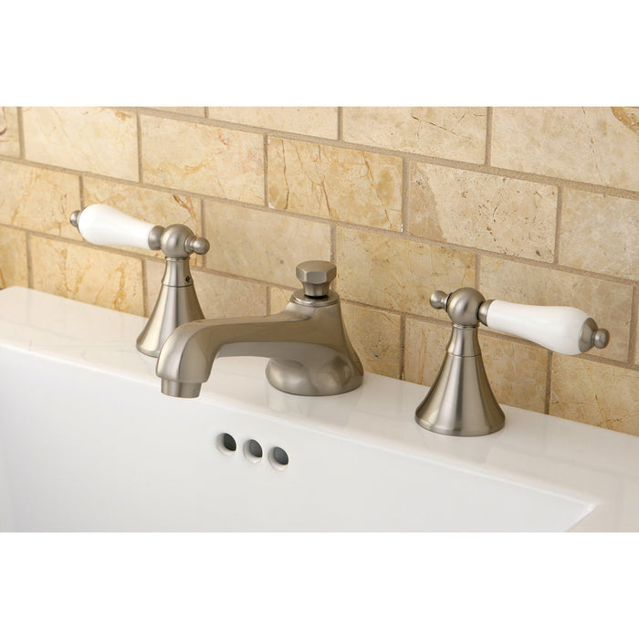 Kingston Tulare KS4478PLTwo-Handle 3-Hole Deck Mount Widespread Bathroom Faucet with Brass Pop-Up, Brushed Nickel