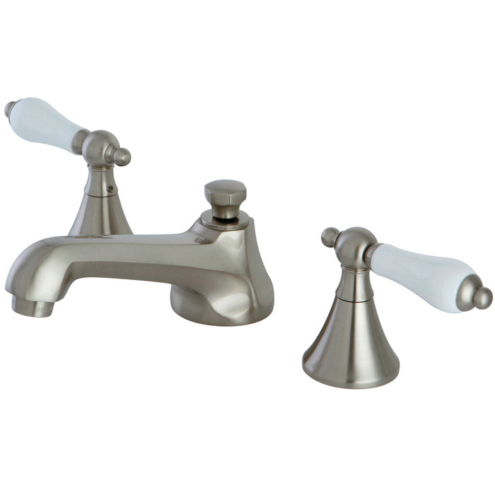 Kingston Tulare KS4478PLTwo-Handle 3-Hole Deck Mount Widespread Bathroom Faucet with Brass Pop-Up, Brushed Nickel