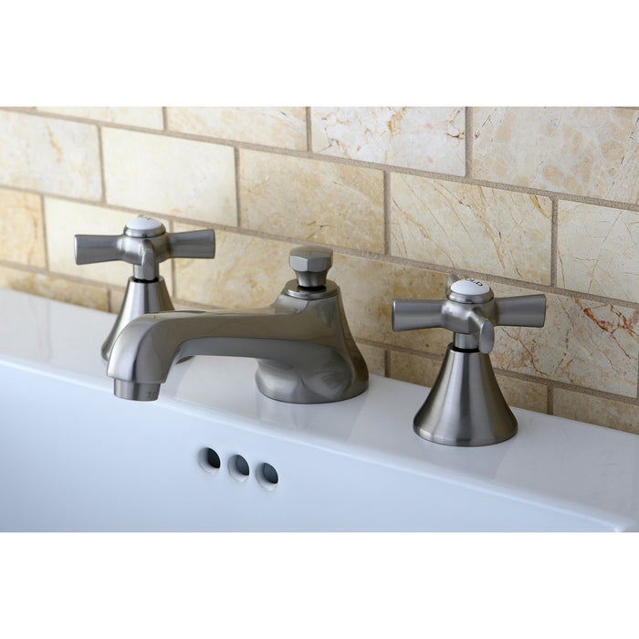 Kingston Tulare KS4478ZX - Millennium Two-Handle 3-Hole Deck Mount Widespread Bathroom Faucet with Brass Pop-Up, Brushed Nickel