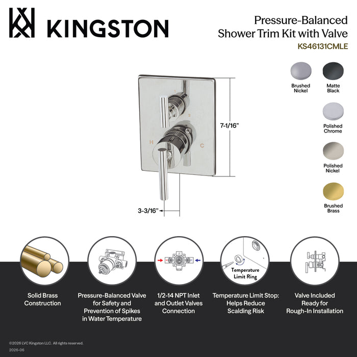 Kingston Concord KS46138CMLE Pressure Balanced Shower Valve and Trim Set with 3-Way Diverter, Brushed Nickel (Valve Included)