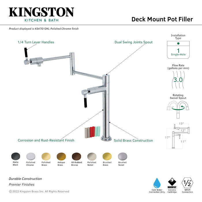 Kingston Sona KS4700DKL - Kaiser Two-Handle 1-Hole Deck Mount Pot Filler Faucet, Matte Black