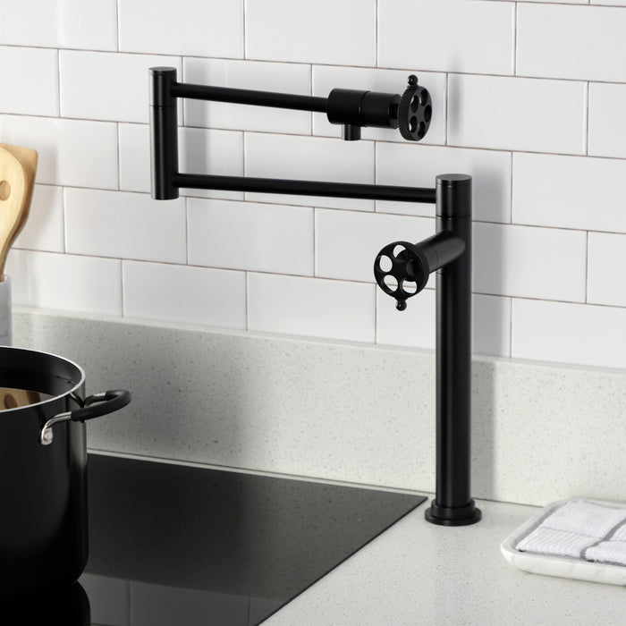 Kingston Sona KS4700RKX - Webb Two-Handle 1-Hole Deck Mount Pot Filler Faucet with Knurled Handle, Matte Black