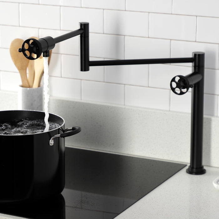 Kingston Sona KS4700RKX - Webb Two-Handle 1-Hole Deck Mount Pot Filler Faucet with Knurled Handle, Matte Black