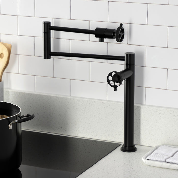 Kingston Sona KS4700RKZ - Wendell Two-Handle 1-Hole Deck Mount Pot Filler Faucet with Knurled Handle, Matte Black