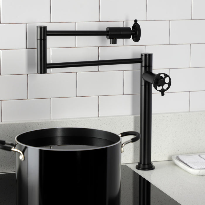 Kingston Sona KS4700RKZ - Wendell Two-Handle 1-Hole Deck Mount Pot Filler Faucet with Knurled Handle, Matte Black