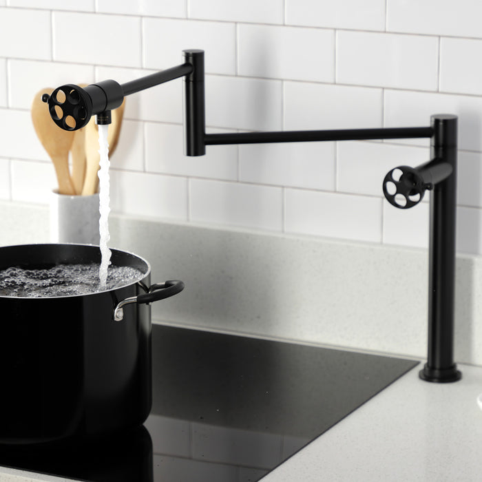 Kingston Sona KS4700RKZ - Wendell Two-Handle 1-Hole Deck Mount Pot Filler Faucet with Knurled Handle, Matte Black