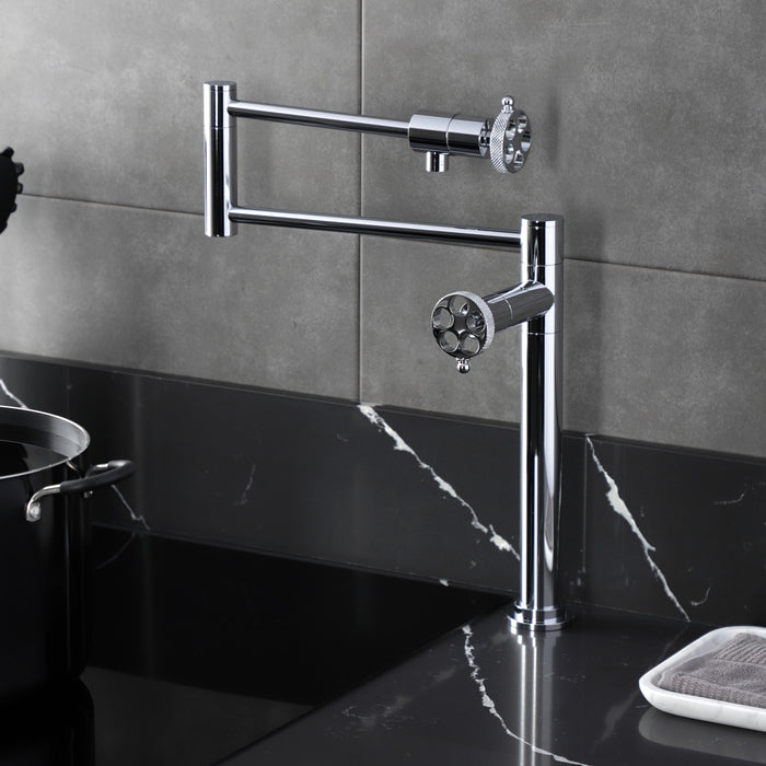 Kingston Sona KS4701RKX - Webb Two-Handle 1-Hole Deck Mount Pot Filler Faucet with Knurled Handle, Polished Chrome
