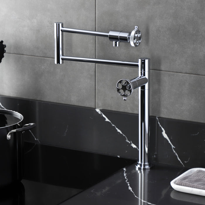 Kingston Sona KS4701RKZ - Wendell Two-Handle 1-Hole Deck Mount Pot Filler Faucet with Knurled Handle, Polished Chrome