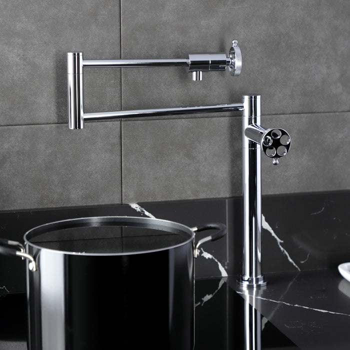 Kingston Sona KS4701RKZ - Wendell Two-Handle 1-Hole Deck Mount Pot Filler Faucet with Knurled Handle, Polished Chrome