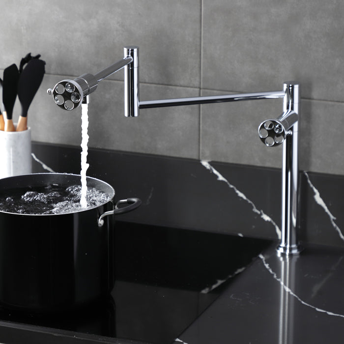 Kingston Sona KS4701RKZ - Wendell Two-Handle 1-Hole Deck Mount Pot Filler Faucet with Knurled Handle, Polished Chrome