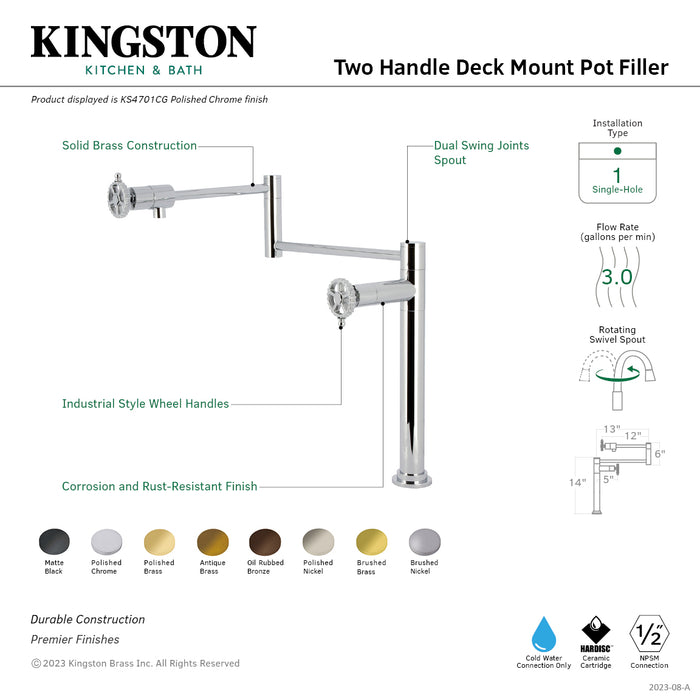 Kingston Sona KS4702CG - Fuller Two-Handle 1-Hole Deck Mount Pot Filler Faucet, Polished Brass