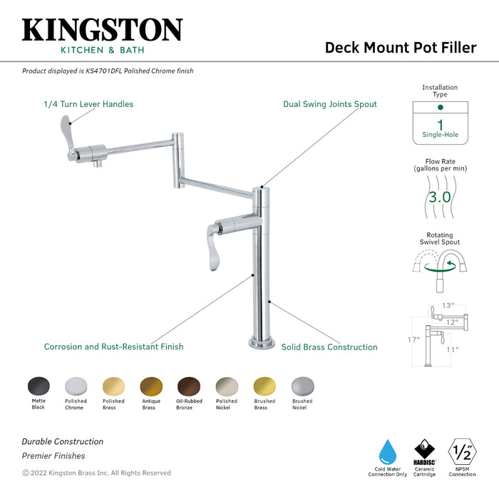 Kingston Tulare KS4702DFL - NuWave Two-Handle 1-Hole Deck Mount Pot Filler Faucet, Polished Brass