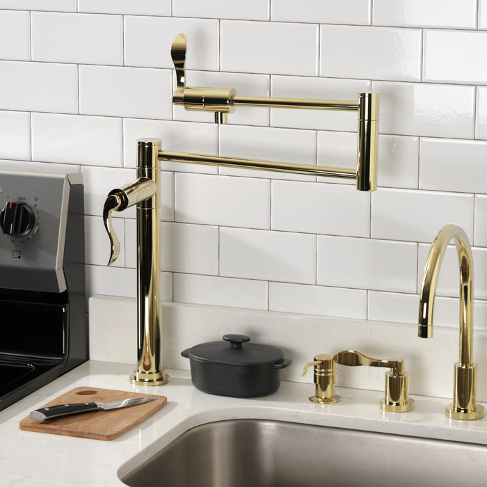Kingston Tulare KS4702DFL - NuWave Two-Handle 1-Hole Deck Mount Pot Filler Faucet, Polished Brass