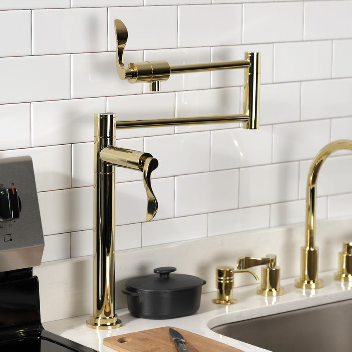 Kingston Tulare KS4702DFL - NuWave Two-Handle 1-Hole Deck Mount Pot Filler Faucet, Polished Brass