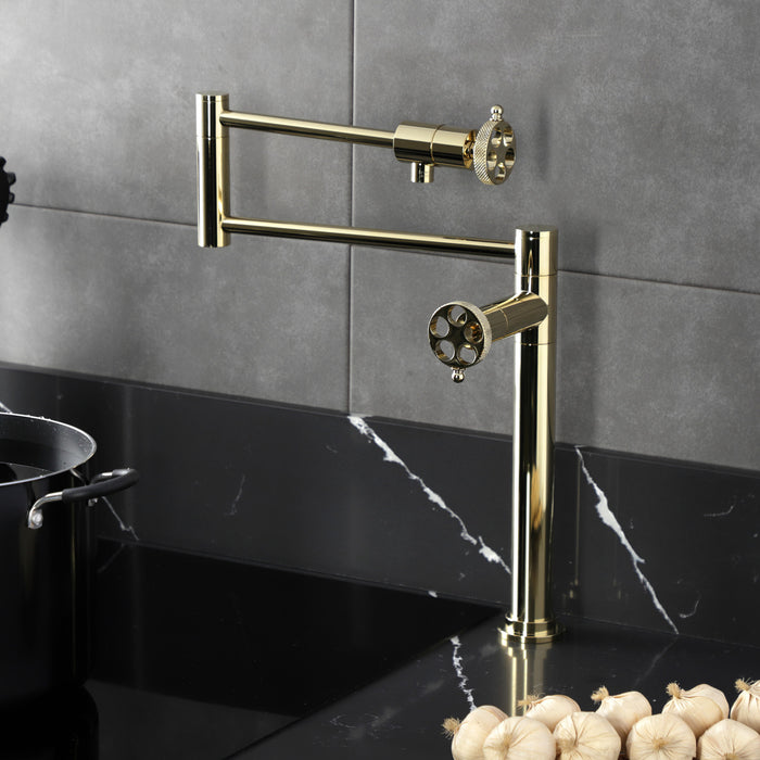Kingston Sona KS4702RKX - Webb Two-Handle 1-Hole Deck Mount Pot Filler Faucet with Knurled Handle, Polished Brass