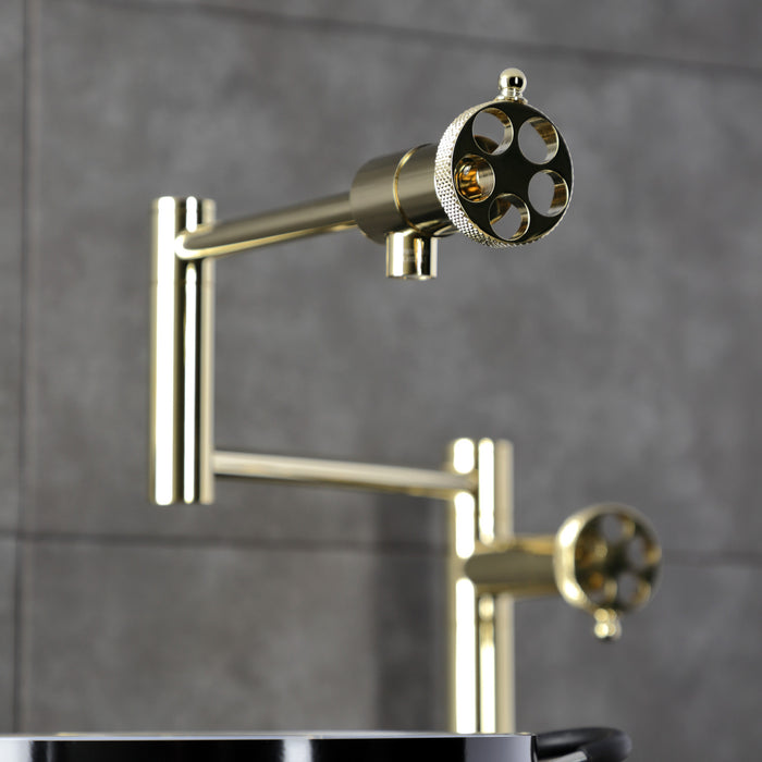 Kingston Sona KS4702RKX - Webb Two-Handle 1-Hole Deck Mount Pot Filler Faucet with Knurled Handle, Polished Brass