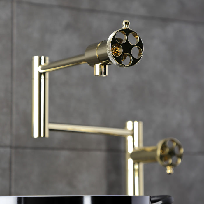 Kingston Sona KS4702RKZ - Wendell Two-Handle 1-Hole Deck Mount Pot Filler Faucet with Knurled Handle, Polished Brass