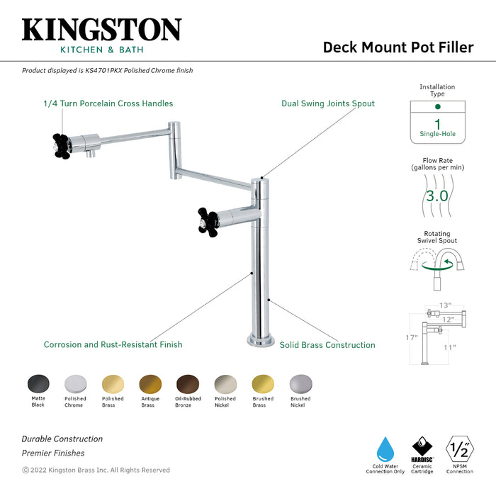 Kingston Tulare KS4703PKX - Duchess Two-Handle 1-Hole Deck Mount Pot Filler Faucet, Antique Brass