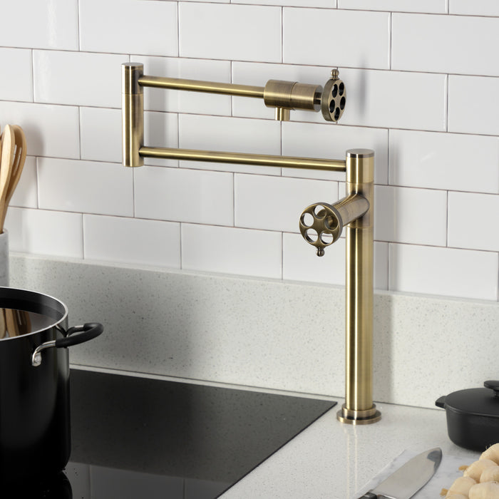 Kingston Sona KS4703RKZ - Wendell Two-Handle 1-Hole Deck Mount Pot Filler Faucet with Knurled Handle, Antique Brass
