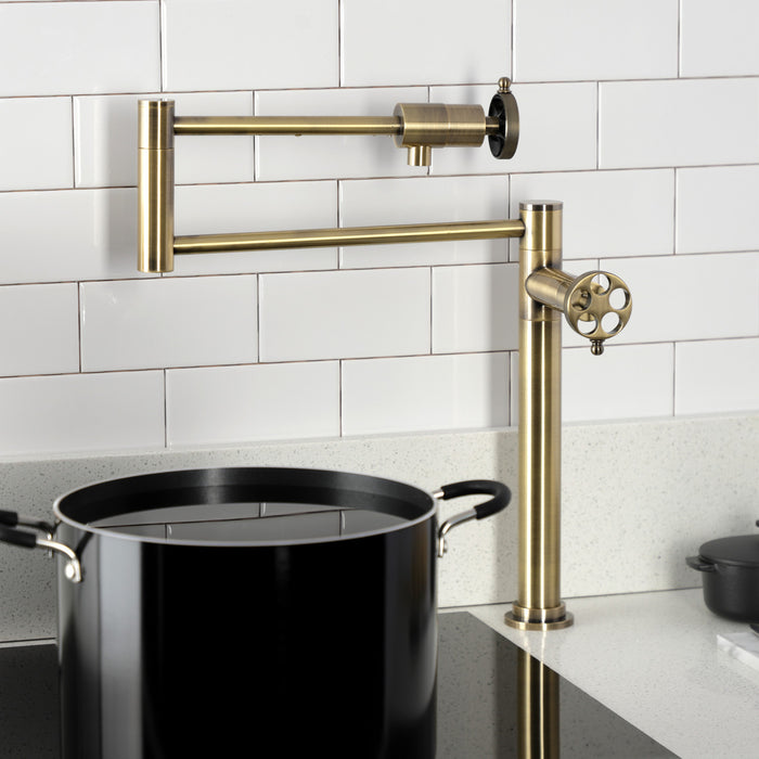 Kingston Sona KS4703RKZ - Wendell Two-Handle 1-Hole Deck Mount Pot Filler Faucet with Knurled Handle, Antique Brass