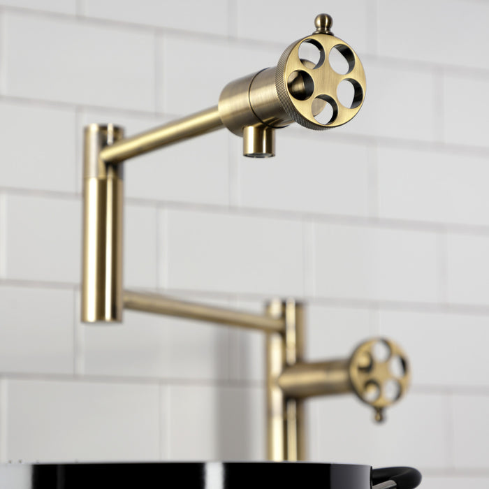 Kingston Sona KS4703RKZ - Wendell Two-Handle 1-Hole Deck Mount Pot Filler Faucet with Knurled Handle, Antique Brass