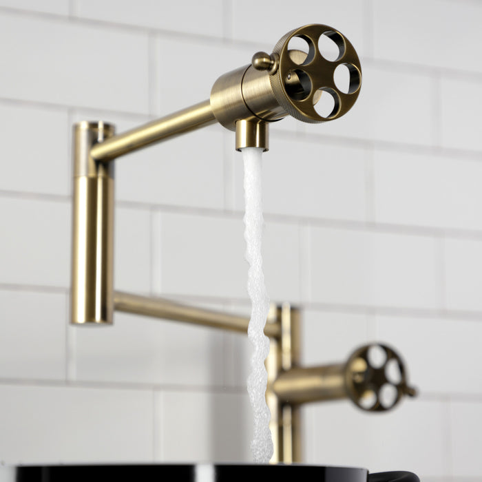 Kingston Sona KS4703RKZ - Wendell Two-Handle 1-Hole Deck Mount Pot Filler Faucet with Knurled Handle, Antique Brass