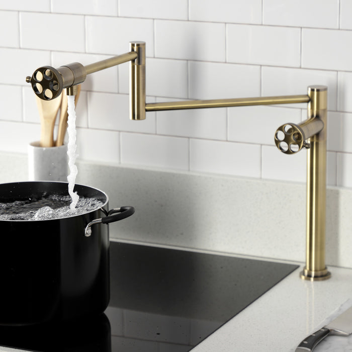 Kingston Sona KS4703RKZ - Wendell Two-Handle 1-Hole Deck Mount Pot Filler Faucet with Knurled Handle, Antique Brass