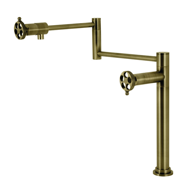 Kingston Sona KS4703RKZ - Wendell Two-Handle 1-Hole Deck Mount Pot Filler Faucet with Knurled Handle, Antique Brass