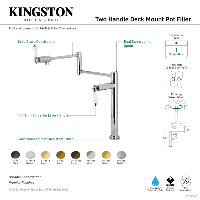 Kingston Metropolitan KS4705PL Two-Handle 1-Hole Deck Mount Pot Filler Faucet, Oil Rubbed Bronze