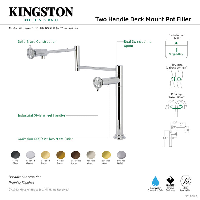 Kingston Sona KS4706RKX - Webb Two-Handle 1-Hole Deck Mount Pot Filler Faucet with Knurled Handle, Polished Nickel