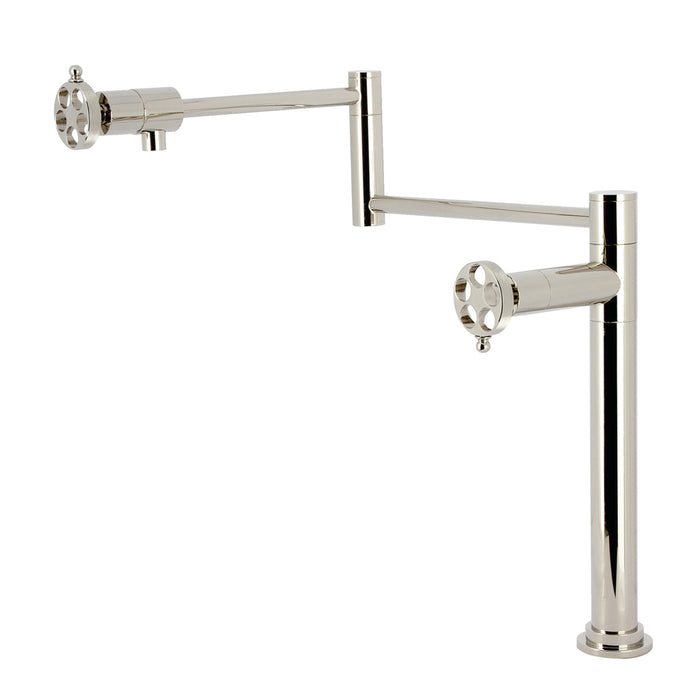 Kingston Sona KS4706RKZ - Wendell Two-Handle 1-Hole Deck Mount Pot Filler Faucet with Knurled Handle, Polished Nickel