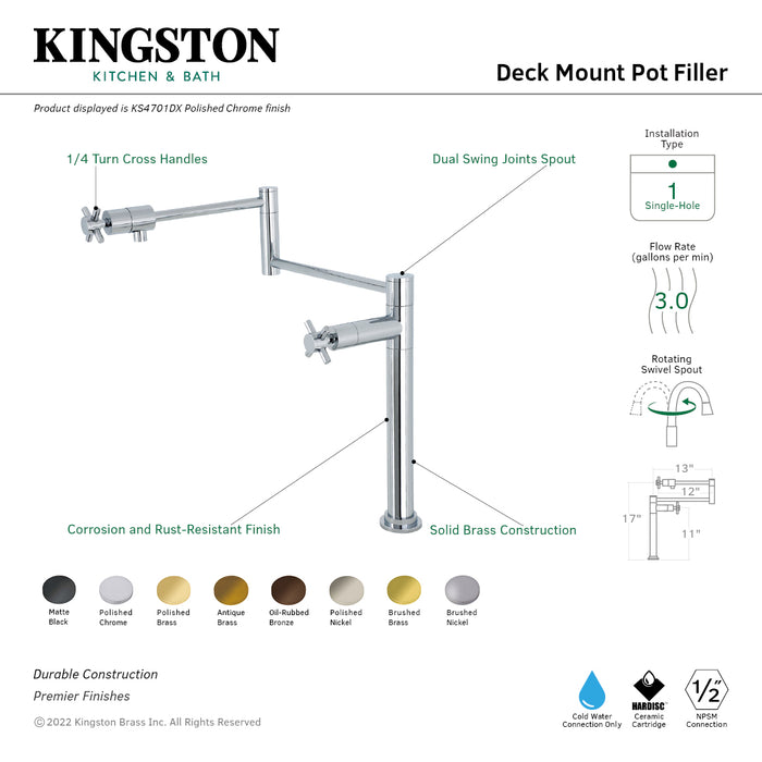Kingston Sona KS4707DX - Concord Two-Handle 1-Hole Deck Mount Pot Filler Faucet, Brushed Brass