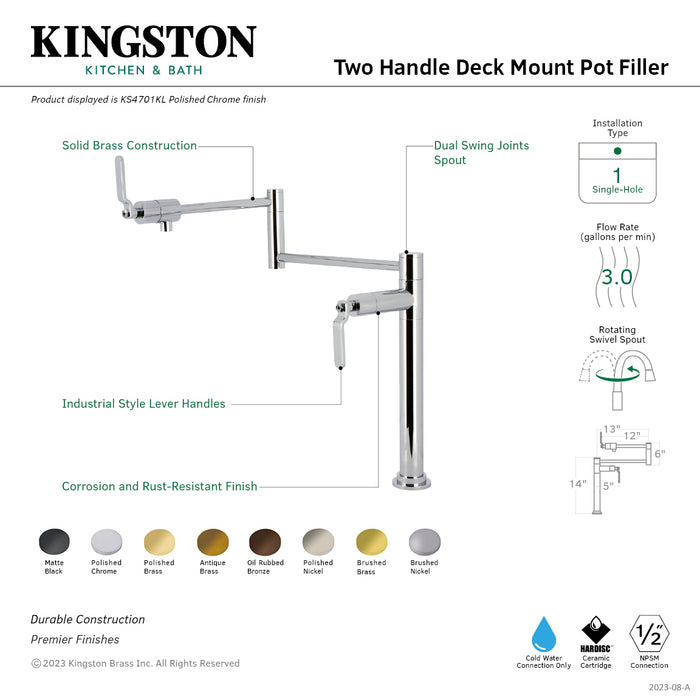 Kingston Sona KS4707KL - Whitaker Two-Handle 1-Hole Deck Mount Pot Filler Faucet, Brushed Brass