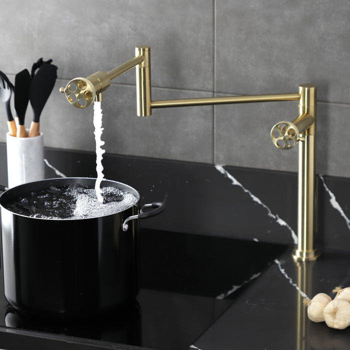 Kingston Sona KS4707RKX - Webb Two-Handle 1-Hole Deck Mount Pot Filler Faucet with Knurled Handle, Brushed Brass