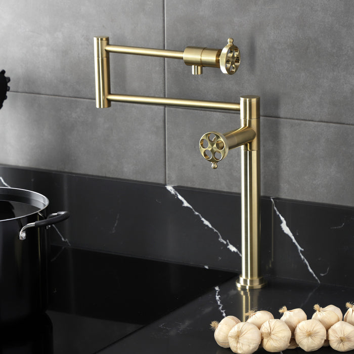 Kingston Sona KS4707RKZ - Wendell Two-Handle 1-Hole Deck Mount Pot Filler Faucet with Knurled Handle, Brushed Brass