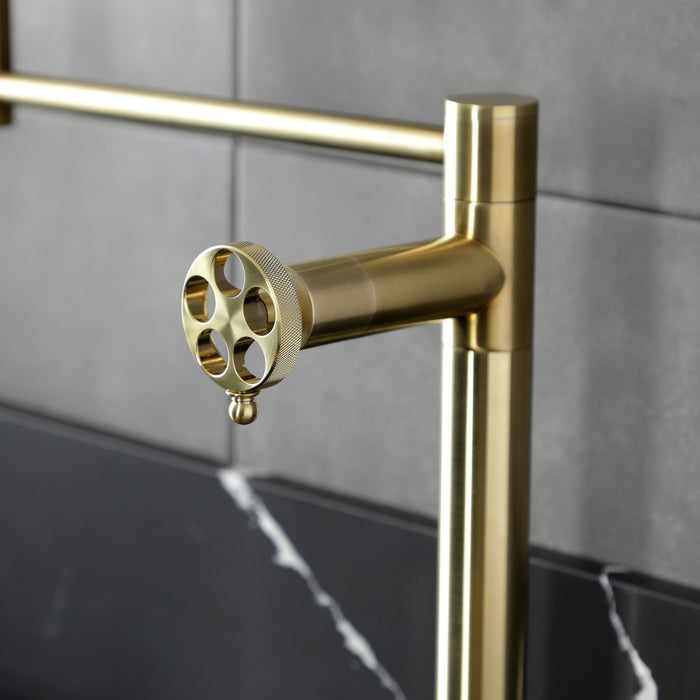 Kingston Sona KS4707RKZ - Wendell Two-Handle 1-Hole Deck Mount Pot Filler Faucet with Knurled Handle, Brushed Brass