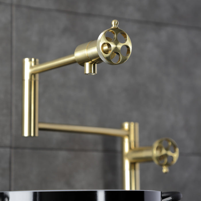 Kingston Sona KS4707RKZ - Wendell Two-Handle 1-Hole Deck Mount Pot Filler Faucet with Knurled Handle, Brushed Brass