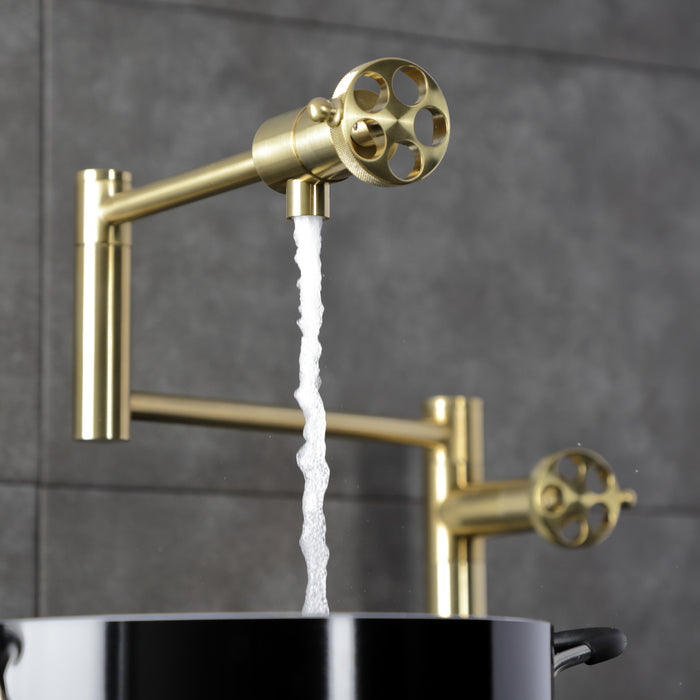 Kingston Sona KS4707RKZ - Wendell Two-Handle 1-Hole Deck Mount Pot Filler Faucet with Knurled Handle, Brushed Brass
