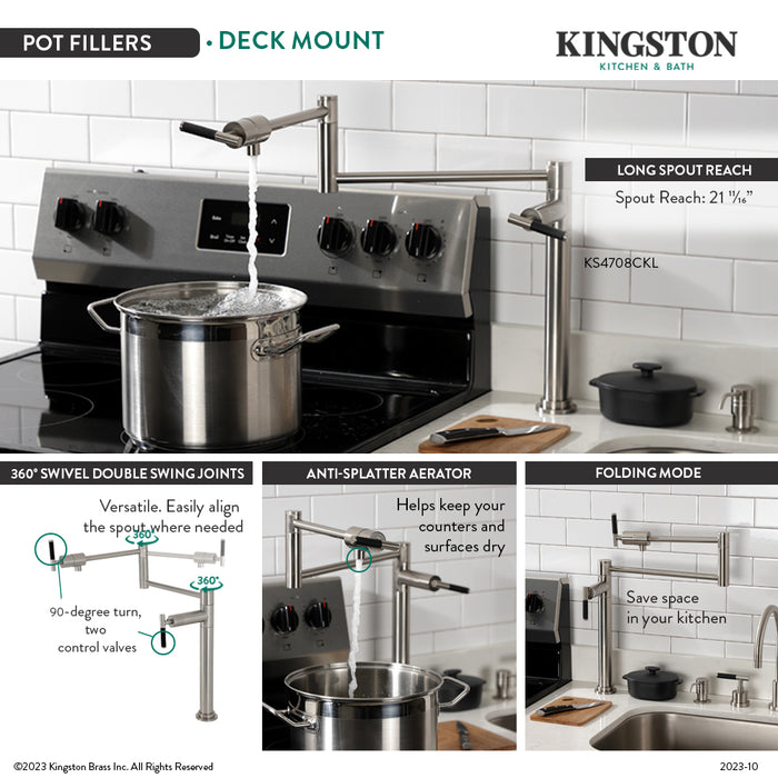 Kingston Sona KS4708CKL - Kaiser Two-Handle 1-Hole Deck Mount Pot Filler Faucet, Brushed Nickel