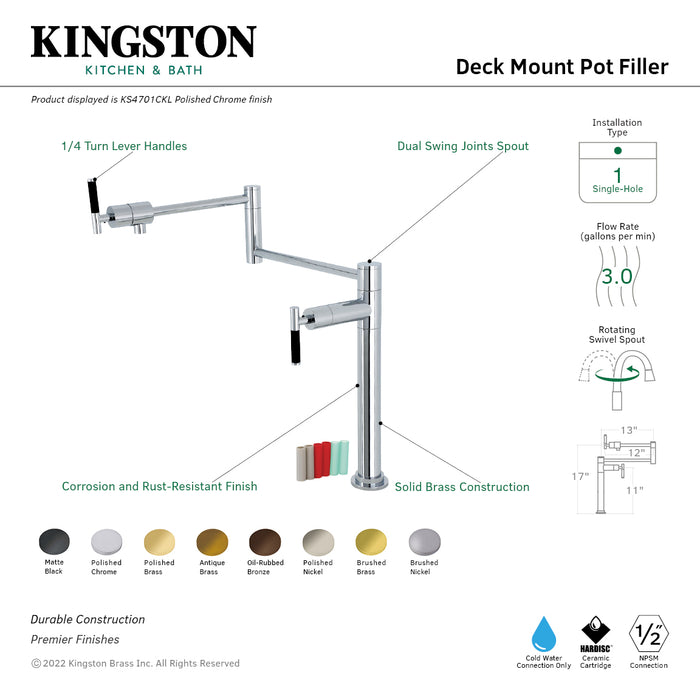 Kingston Sona KS4708CKL - Kaiser Two-Handle 1-Hole Deck Mount Pot Filler Faucet, Brushed Nickel