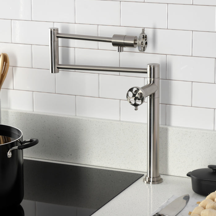 Kingston Sona KS4708RKX - Webb Two-Handle 1-Hole Deck Mount Pot Filler Faucet with Knurled Handle, Brushed Nickel
