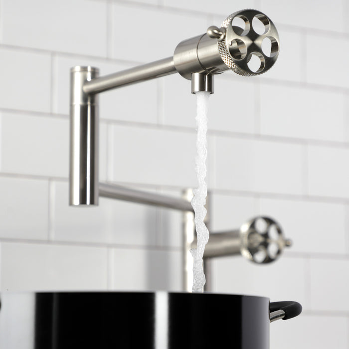 Kingston Sona KS4708RKX - Webb Two-Handle 1-Hole Deck Mount Pot Filler Faucet with Knurled Handle, Brushed Nickel